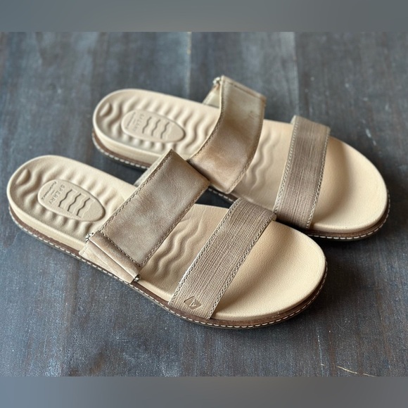 NEW Sperry plushwave leather slide sandals size 7.5 Beige Double Strap - Picture 4 of 5